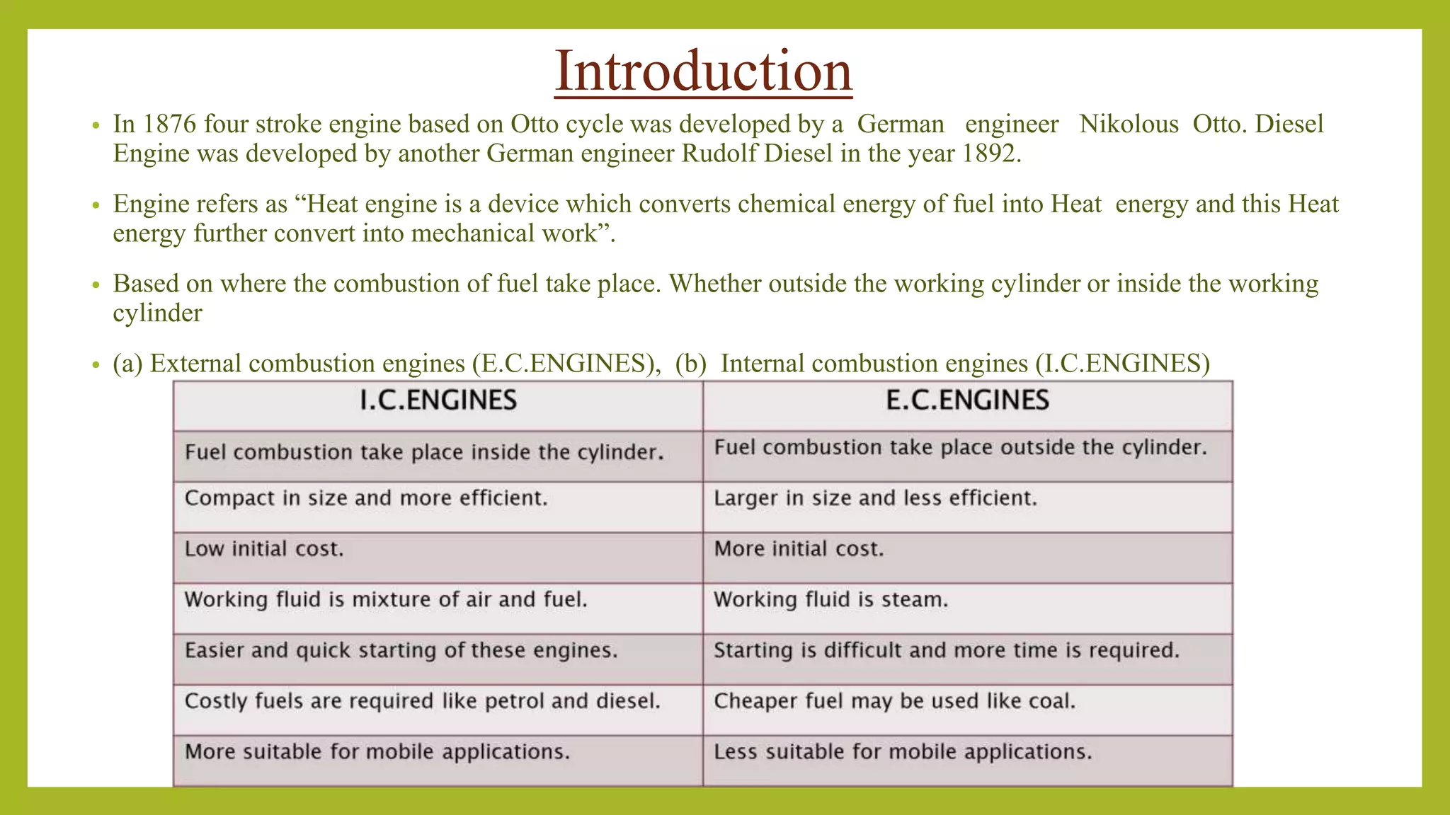 Introduction
• In 1876 four stroke engine based on Otto cycle was developed by a German engineer Nikolous Otto. Diesel
Engine was developed by another German engineer Rudolf Diesel in the year 1892.
• Engine refers as “Heat engine is a device which converts chemical energy of fuel into Heat energy and this Heat
energy further convert into mechanical work”.
• Based on where the combustion of fuel take place. Whether outside the working cylinder or inside the working
cylinder
• (a) External combustion engines (E.C.ENGINES), (b) Internal combustion engines (I.C.ENGINES)
 