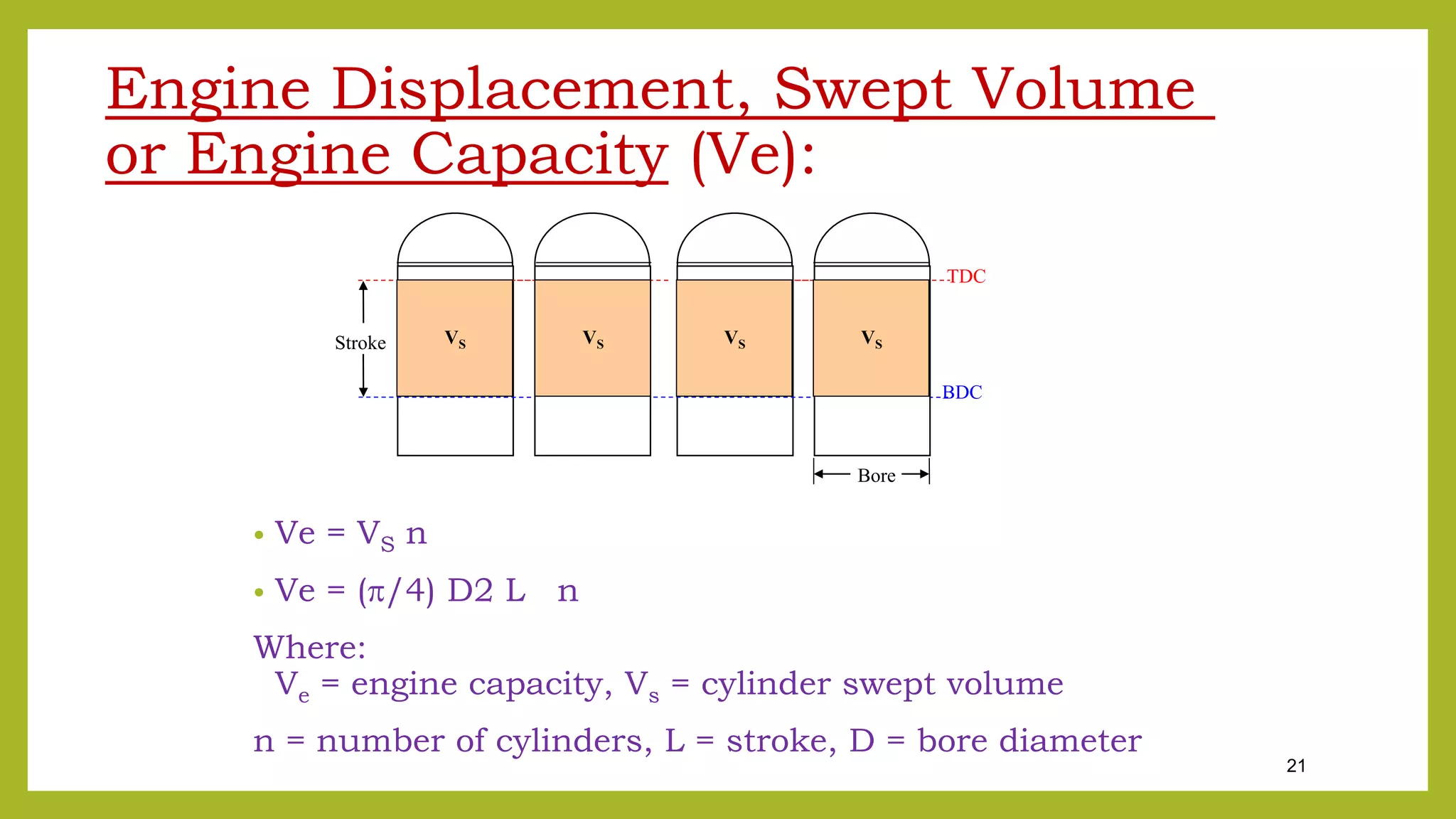 21
Engine Displacement, Swept Volume
or Engine Capacity (Ve):
• Ve = VS n
• Ve = (/4) D2 L n
Where:
Ve = engine capacity, Vs = cylinder swept volume
n = number of cylinders, L = stroke, D = bore diameter
Stroke VS
Bore
VS VS VS
TDC
BDC
 