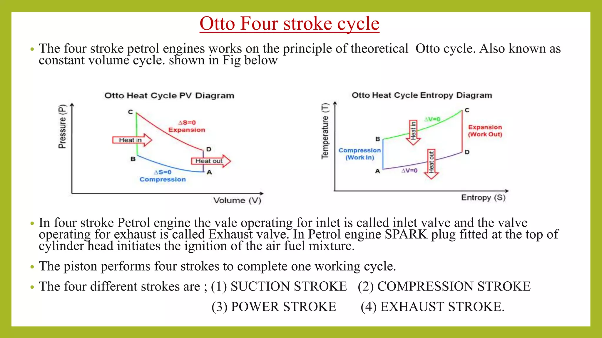 Otto Four stroke cycle
• The four stroke petrol engines works on the principle of theoretical Otto cycle. Also known as
constant volume cycle. shown in Fig below
• In four stroke Petrol engine the vale operating for inlet is called inlet valve and the valve
operating for exhaust is called Exhaust valve. In Petrol engine SPARK plug fitted at the top of
cylinder head initiates the ignition of the air fuel mixture.
• The piston performs four strokes to complete one working cycle.
• The four different strokes are ; (1) SUCTION STROKE (2) COMPRESSION STROKE
(3) POWER STROKE (4) EXHAUST STROKE.
 