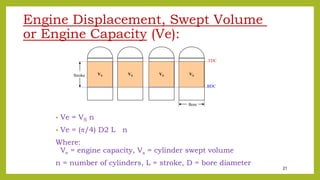 21
Engine Displacement, Swept Volume
or Engine Capacity (Ve):
• Ve = VS n
• Ve = (/4) D2 L n
Where:
Ve = engine capacity, Vs = cylinder swept volume
n = number of cylinders, L = stroke, D = bore diameter
Stroke VS
Bore
VS VS VS
TDC
BDC
 