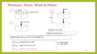 25
Pressure, Force, Work & Power
p = imep (N/m2)
A (m2)
F= P.A (N)
L (m)
F (N)
Work (W) = F.L (N m)
Time (t) = 60 / (Ne /k) (s)
Indicated power (Pi) cylinder = W/t = F.L .Ne/(k*60) (W)
(Pi) cylinder = (imep.A.L.Ne) / (k . 60)
(Pi) engine = imep. (A.L.n) Ne / (k . 60)
(Pi) engine = [imep. Ve . Ne/ (k . 60)] (W)
a
b
c
k = 2 (four stroke)
k = 1 (two stoke)
 