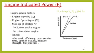 26
Engine Indicated Power (Pi)
Engine power factors:
• Engine capacity (Ve)
• Engine Speed (rpm) (Ne)
• Number of strokes “k”
k=2, four stroke engine
k=1, two stoke engine
• (imep):
volumetric efficiency, compression
ratio, ignition quality, mixture
strength, temperature …
Pi = imep.Ve.Ne / (60. k)
 