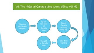 Vd: Thu nhập tại Canada tăng tương đối so với Mỹ
Tiêu dùng
tại Canada
tăng lên
Áp lực
lạm phát
tại
Canada
tăng
Người
Canada
sử dụng
hàng Mỹ
Cầu đô la
Mỹ tăng
Cung đô
la Canada
tăng
 