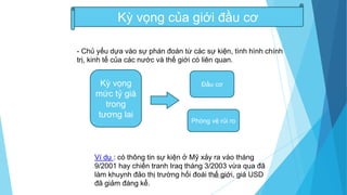 18/03/2014
Kỳ vọng của giới đầu cơ
- Chủ yếu dựa vào sự phán đoán từ các sự kiện, tình hình chính
trị, kinh tế của các nước và thế giới có liên quan.
Kỳ vọng
mức tỷ giá
trong
tương lai
Đầu cơ
Phòng vệ rủi ro
Ví dụ : có thông tin sự kiện ở Mỹ xảy ra vào tháng
9/2001 hay chiến tranh Iraq tháng 3/2003 vừa qua đã
làm khuynh đảo thị trường hối đoái thế giới, giá USD
đã giảm đáng kể.
 