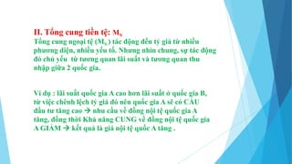 II. Tổng cung tiền tệ: MS
Tổng cung ngoại tệ (MS ) tác động đến tỷ giá từ nhiều
phương diện, nhiều yếu tố. Nhưng nhìn chung, sự tác động
đó chủ yếu từ tương quan lãi suất và tương quan thu
nhập giữa 2 quốc gia.
Ví dụ : lãi suất quốc gia A cao hơn lãi suất ở quốc gia B,
từ việc chênh lệch tỷ giá đó nên quốc gia A sẽ có CẦU
đầu tư tăng cao  nhu cầu về đồng nội tệ quốc gia A
tăng, đồng thời Khả năng CUNG về đồng nội tệ quốc gia
A GIẢM  kết quả là giá nội tệ quốc A tăng .
 