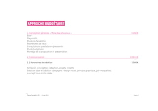 Approche budgétaire

1. Conception générale « Mois des amoureux »                                               6 000 €
Brief
Diagnostic
Etude de faisabilité
Recherches de lieux
Consultations prestataires pressentis
Etude budgétaire
Montage de la proposition et présentation

2. Communication                                                                          83 845 €

2.1 Honoraires de création                                                                 5 000 €
 
Réflexion, conception-rédaction, projets créatifs
Création label et création campagne : design visuel, principe graphique, pré-maquettes,
concept tous droits cédés
 




Passe Muraille & VO - 6 mai 2011                                                             PAGE 47
 