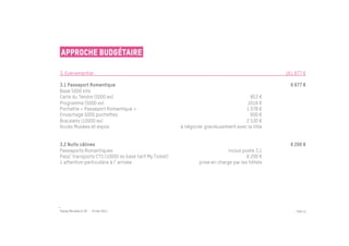 Approche budgétaire

3. Evénementiel                                                                                161 877 €

3.1 Passeport Romantique                                                                         6 677 €
Base 5000 kits
Carte du Tendre (5000 ex)                                                            853 €
Programme (5000 ex)                                                                 1616 €
Pochette « Passeport Romantique »                                                  1 078 €
Ensachage 5000 pochettes                                                             600 €
Bracelets (10000 ex)                                                               2 530 €
Accès Musées et expos                                 à négocier gracieusement avec la Ville


3.2 Nuits câlines                                                                                6 200 €
Passeports Romantiques                                                      inclus poste 3.1
Pass transports CTS (10000 ex base tarif My Ticket)                                  6 200 €
1 attention particulière à l arrivée                          prise en charge par les hôtels




Passe Muraille & VO - 6 mai 2011                                                                   PAGE 51
 