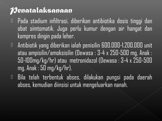  Pada stadium infiltrasi, diberikan antibiotika dosis tinggi dan
  obat simtomatik. Juga perlu kumur dengan air hangat dan
  kompres dingin pada leher.
 Antibiotik yang diberikan ialah penisilin 600.000-1.200.000 unit
  atau ampisilin/amoksisilin (Dewasa : 3-4 x 250-500 mg, Anak :
  50-100mg/kg/hr) atau metronidazol (Dewasa : 3-4 x 250-500
  mg, Anak : 50 mg/kg/hr).
 Bila telah terbentuk abses, dilakukan pungsi pada daerah
  abses, kemudian diinsisi untuk mengeluarkan nanah.
 