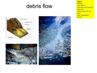 debris flow Type? Where? How often? How fast and intense? How far? Which elements at risk? How vulnerable?  Costs? 