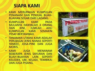 SIAPA KAMI KAMI MERUPAKAN KUMPULAN PENANAM DAN PENJUAL BUAH-BUAHAN SEGAR DARI LADANG. KUMPULAN KAMI PADA MULANYA HANYALAH 3 ORANG DAN KINI, JUMLAH AHLI KUMPULAN KAMI SEMAKIN PESAT BERTAMBAH. TANAMAN UTAMA KAMI ADALAH PERLBAGAI JENIS NANAS SEPERTI YANKEE, JOSA-PINE DAN JUGA MORIS. KAMI JUGA MENANAM BEBERAPA JENIS SAYURAN DAN BUAH-BUAHAN LAIN SEPERTI KELEDEK, UBI, KELADI, TEMBIKAI DAN JUGA PISANG.