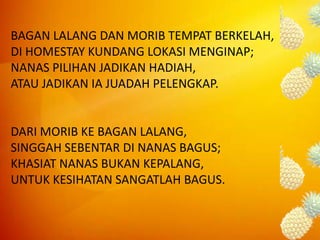 BAGAN LALANG DAN MORIB TEMPAT BERKELAH,DI HOMESTAY KUNDANG LOKASI MENGINAP;NANAS PILIHAN JADIKAN HADIAH,ATAU JADIKAN IA JUADAH PELENGKAP.DARI MORIB KE BAGAN LALANG,SINGGAH SEBENTAR DI NANAS BAGUS;KHASIAT NANAS BUKAN KEPALANG,UNTUK KESIHATAN SANGATLAH BAGUS.