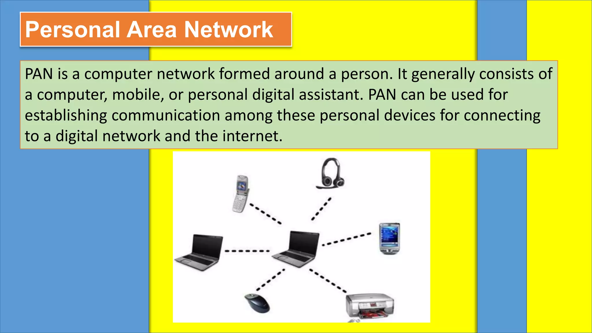 Personal Area Network
PAN is a computer network formed around a person. It generally consists of
a computer, mobile, or personal digital assistant. PAN can be used for
establishing communication among these personal devices for connecting
to a digital network and the internet.
 