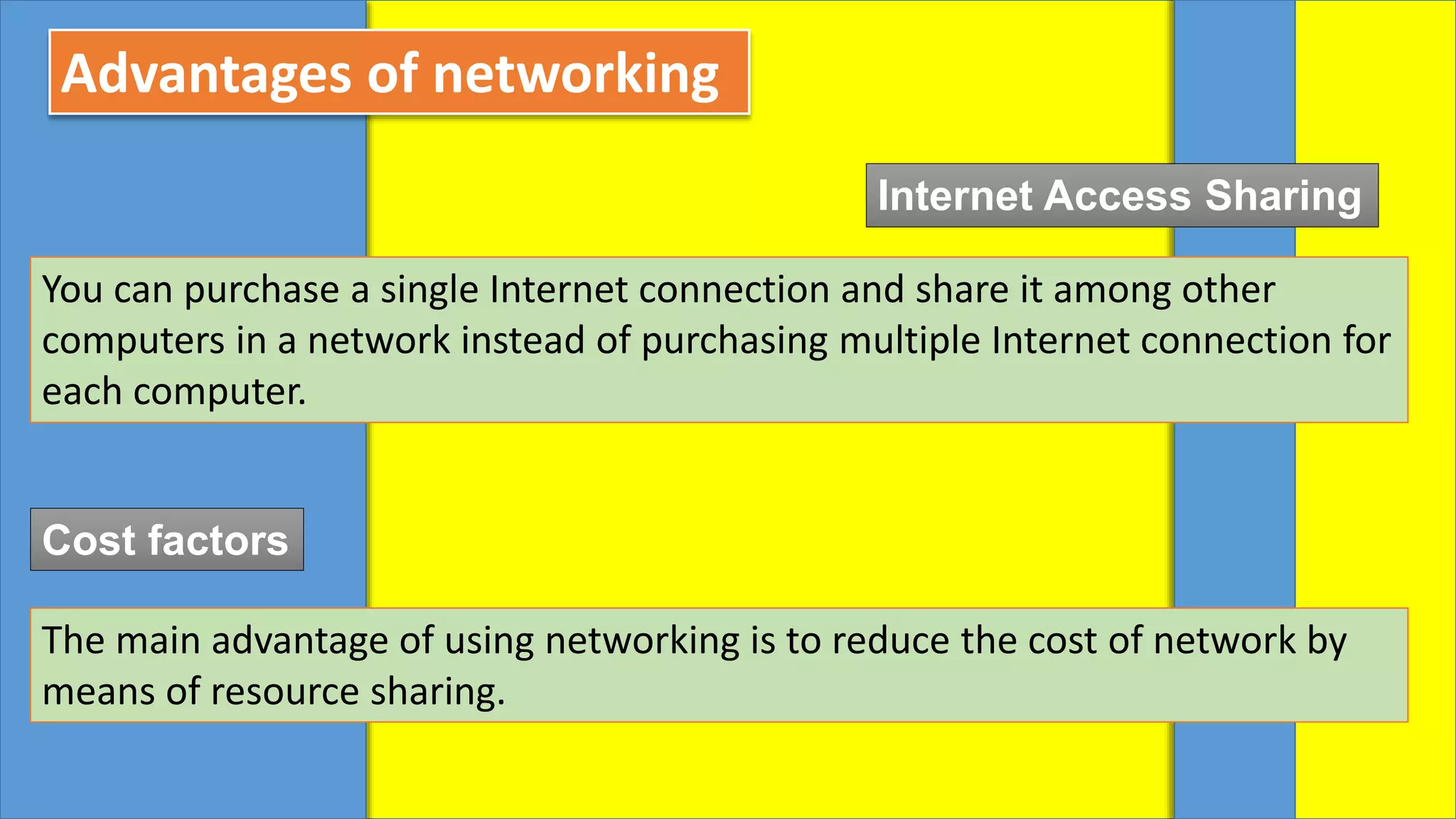 Advantages of networking
Internet Access Sharing
You can purchase a single Internet connection and share it among other
computers in a network instead of purchasing multiple Internet connection for
each computer.
Cost factors
The main advantage of using networking is to reduce the cost of network by
means of resource sharing.
 