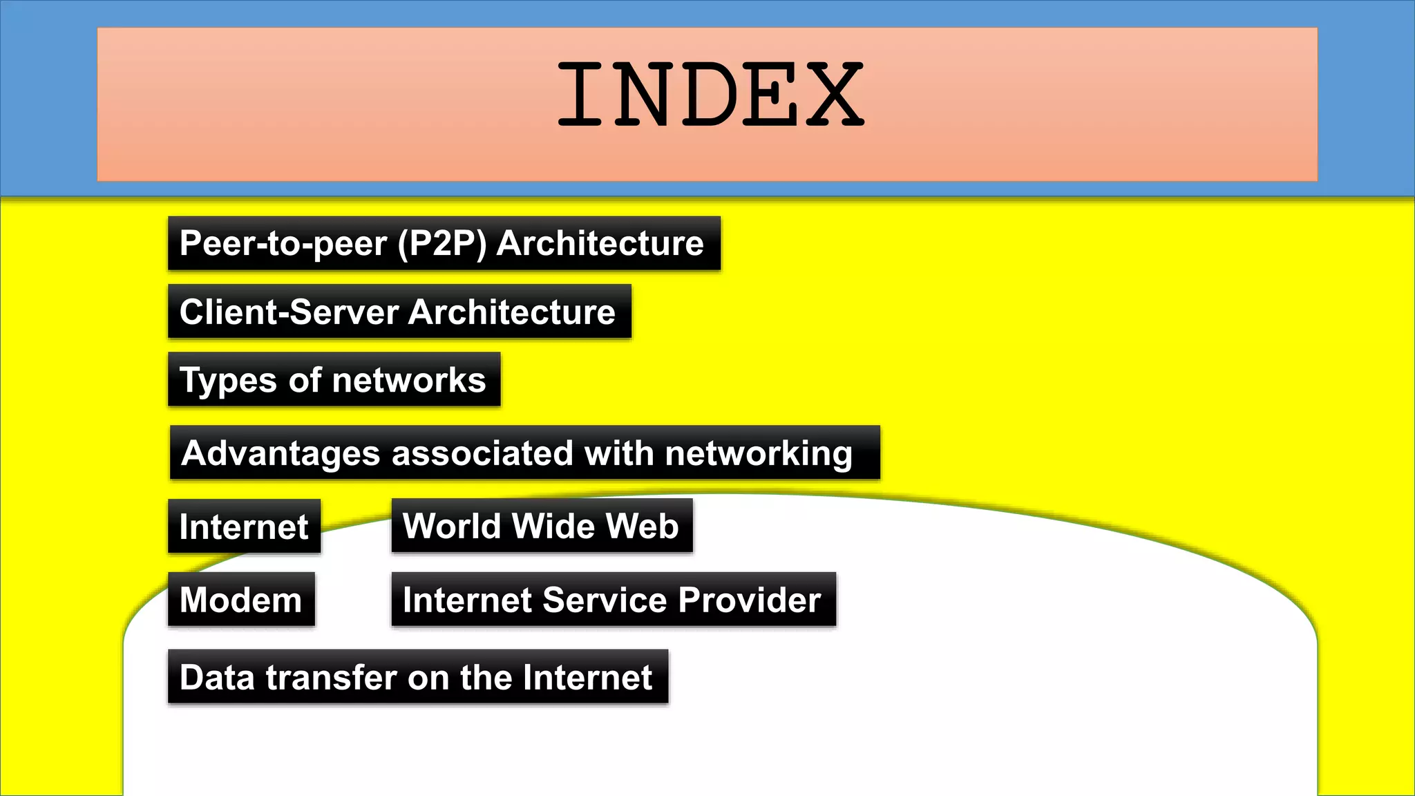 INDEX
Peer-to-peer (P2P) Architecture
Client-Server Architecture
Types of networks
Internet World Wide Web
Advantages associated with networking
Internet Service ProviderModem
Data transfer on the Internet
 