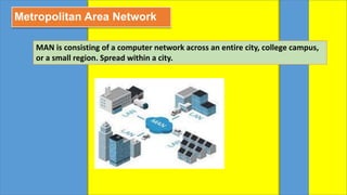 Metropolitan Area Network
MAN is consisting of a computer network across an entire city, college campus,
or a small region. Spread within a city.
 