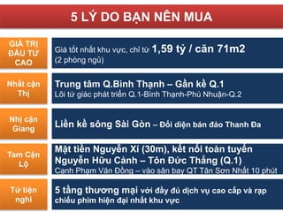 Trung tâm Q.Bình Thạnh – Gần kề Q.1
Lõi tứ giác phát triển Q.1-Bình Thạnh-Phú Nhuận-Q.2
Liền kề sông Sài Gòn – Đối diện bán đảo Thanh Đa
Mặt tiền Nguyễn Xí (30m), kết nối toàn tuyến
Nguyễn Hữu Cảnh – Tôn Đức Thắng (Q.1)
Cạnh Phạm Văn Đồng – vào sân bay QT Tân Sơn Nhất 10 phút
5 tầng thương mại với đầy đủ dịch vụ cao cấp và rạp
chiếu phim hiện đại nhất khu vực
Nhất cận
Thị
Nhị cận
Giang
Tam Cận
Lộ
Tứ tiện
nghi
Giá tốt nhất khu vực, chỉ từ 1,59 tỷ / căn 71m2
(2 phòng ngủ)
GIÁ TRỊ
ĐẦU TƯ
CAO
5 LÝ DO BẠN NÊN MUA
 