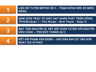 LiỀN KỀ TUYẾN METRO SỐ 3 – TRẠM DỪNG BẾN XE MiỀN
ĐÔNG
NẰM GiỮA TRỤC TỪ GIÁC HẠT NHÂN PHÁT TRIỂN ĐÔNG
TP.HCM (Quận 1 – Phú Nhuận – Bình Thạnh – Quận 2)
MẶT TiỀN NGUYỄN XÍ, KẾT NỐI TOÀN TUYẾN VỚI NGUYỄN
HỮU CẢNH – TÔN ĐỨC THẮNG (Q.1)
KẾT NỐI PHẠM VĂN ĐỒNG – VÀO SÂN BAY QT TÂN SƠN
NHẤT CHỈ 10 PHÚT
1
2
3
4
 