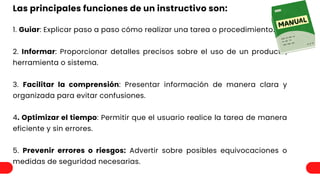 Las principales funciones de un instructivo son:
1. Guiar: Explicar paso a paso cómo realizar una tarea o procedimiento.
2. Informar: Proporcionar detalles precisos sobre el uso de un producto,
herramienta o sistema.
3. Facilitar la comprensión: Presentar información de manera clara y
organizada para evitar confusiones.
4. Optimizar el tiempo: Permitir que el usuario realice la tarea de manera
eficiente y sin errores.
5. Prevenir errores o riesgos: Advertir sobre posibles equivocaciones o
medidas de seguridad necesarias.
 