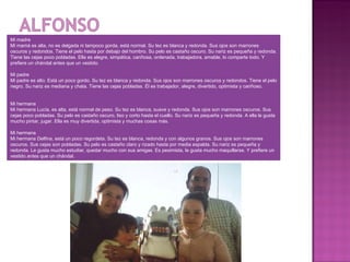 Mi madre
Mi mamá es alta, no es delgada ni tampoco gorda, está normal. Su tez es blanca y redonda. Sus ojos son marrones
oscuros y redondos. Tiene el pelo hasta por debajo del hombro. Su pelo es castaño oscuro. Su nariz es pequeña y redonda.
Tiene las cejas poco pobladas. Ella es alegre, simpática, cariñosa, ordenada, trabajadora, amable, lo comparte todo. Y
prefiere un chándal antes que un vestido.

Mi padre
Mi padre es alto. Está un poco gordo. Su tez es blanca y redonda. Sus ojos son marrones oscuros y redondos. Tiene el pelo
negro. Su nariz es mediana y chata. Tiene las cejas pobladas. Él es trabajador, alegre, divertido, optimista y cariñoso.


Mi hermana
Mi hermana Lucía, es alta, está normal de peso. Su tez es blanca, suave y redonda. Sus ojos son marrones oscuros. Sus
cejas poco pobladas. Su pelo es castaño oscuro, liso y corto hasta el cuello. Su nariz es pequeña y redonda. A ella le gusta
mucho pintar, jugar. Ella es muy divertida, optimista y muchas cosas más.

Mi hermana
Mi hermana Delfina, está un poco regordeta. Su tez es blanca, redonda y con algunos granos. Sus ojos son marrones
oscuros. Sus cejas son pobladas. Su pelo es castaño claro y rizado hasta por media espalda. Su nariz es pequeña y
redonda. Le gusta mucho estudiar, quedar mucho con sus amigas. Es pesimista, le gusta mucho maquillarse. Y prefiere un
vestido antes que un chándal.
 