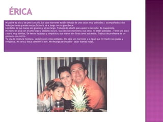 Mi padre es alto y de pelo castaño.Sus ojos marrones estaán debajo de unas cejas muy pobladas y acompañados a los
lados por unas grandes orejas.Su nariz va a juego con su gran boca.
Los dedos de sus manos son gruesos y el pie largo. Trabaja de albañil para quien lo necesite. Es maquinista.
Mi mama es alta con el pelo largo y castaño oscuro. Sus ojos son marrones y sus cejas no están pobladas . Tiene una boca
y nariz muy bonitas. De hecho es guapa y simpática y sus manos son finas como sus dedos. Trabaja de profesora de un
gimnasio con mi tio.
Yo soy de estatura mediana, castaña con cejas pobladas, Mis ojos son marrones y al igual que mi madre soy guapa y
simpática. Mi nariz y boca también lo son. Me encargo de estudiar sacar buenas notas.

 
 