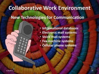 Collaborative Work Environment
      New Technologies for Communication

                   •   Informational databases
                   •   Electronic mail systems
                   •   Voice mail systems
                   •   Fax machine systems
                   •   Cellular phone systems




11/9/2011                                        19
 