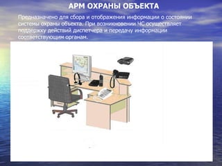 АРМ ОХРАНЫ ОБЪЕКТА Предназначено для сбора и отображения информации о состоянии системы охраны объекта. При возникновении ЧС осуществляет поддержку действий диспетчера и передачу информации соответствующим органам. 