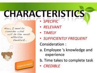 • SPECIFIC
• RELEVANT
• TIMELY
• SUFFICIENTLY FREQUENT
Consideration :
a. Employee ‘s knowledge and
    experience
b. Time takes to complete task
• CREDIBLE
 