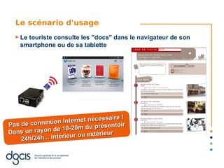 Le scénario d'usage
  ► Letouriste consulte les "docs" dans le navigateur de son
    smartphone ou de sa tablette




                                       e!
                 n In ternet nécessair
Pas de connexio                      ntoir
                de 1 0-20m du prése
Dans un rayon                  térieur
    24h/24h... Intérieur ou ex
 