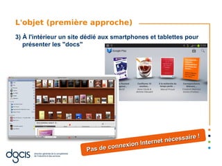 L'objet (première approche)
3) À l'intérieur un site dédié aux smartphones et tablettes pour
   présenter les "docs"




                                                            re !
                                              ernet nécessai
                                  nnexion Int
                        Pas de co
 