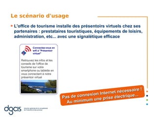 Le scénario d'usage
► L'office
         de tourisme installe des présentoirs virtuels chez ses
 partenaires : prestataires touristiques, équipements de loisirs,
 administration, etc... avec une signalétique efficace

              Connectez-vous en
              wifi à "Présentoir
              virtuel"

     Retrouvez les infos et les
     conseils de l'office de
     tourisme sur votre
     smartphone ou tablette en
     vous connectant à notre
     présentoir virtuel



                                                                      ire !
                                                     ntern et nécessa
                                   Pas de connexion I       électrique..
                                                                        .
                                                      prise
                                     Au min imum une
 