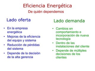 De quién dependemos
• En la empresa
energética
• Mejoras de la eficiencia
del equipo y sistema
• Reducción de pérdidas
del sistema
• Depende de la decisión
de la alta gerencia
• Cambios en
comportamiento e
incorporación de nueva
tecnología
• Dentro de las
instalaciones del cliente
• Depende de múltiples
decisiones de los
clientes
Lado oferta Lado demanda
Eficiencia Energética
 
