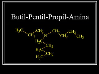 Butil-Pentil-Propil-Amina
CH3
CH2
CH2
N
CH2
CH2
CH2
CH3
CH2
CH2
CH2
CH2
CH3
 