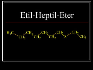 Etil-Heptil-Eter
CH3
CH2
CH2
CH2
CH2
CH2
CH2
S
CH2
CH3
 