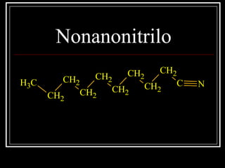 Nonanonitrilo
CH3
CH2
CH2
CH2
CH2
CH2
CH2
CH2
CH2
C N
 