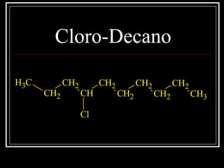 Cloro-Decano
CH3
CH2
CH2
CH
CH2
CH2
CH2
CH2
CH2
CH3
Cl
 