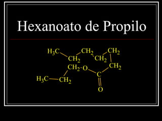 Hexanoato de Propilo
CH3
CH2
CH2
CH2
CH2
CH2
C
O
OCH2
CH2
CH3
 