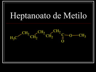 Heptanoato de Metilo
C O CH3
CH2
CH2
CH2
CH2
CH2
CH3
O
 
