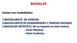 BACHILLER
Existen tres modalidades:
1.BACHILLERATO DE CIENCIAS
2.BACHILLERATO DE HUMANIDADES Y CIENCIAS SOCIALES
3.BACHILLER ARTÍSTICO ( No se imparte en éste centro)
- Artes Plásticas
- Artes Escénicas
 