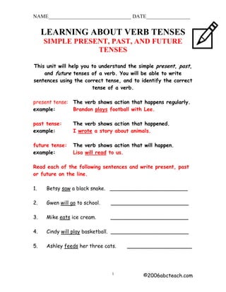 NAME________________________________ DATE_________________


     LEARNING ABOUT VERB TENSES
     SIMPLE PRESENT, PAST, AND FUTURE
                 TENSES

This unit will help you to understand the simple present, past,
    and future tenses of a verb. You will be able to write
sentences using the correct tense, and to identify the correct
                        tense of a verb.

present tense: The verb shows action that happens regularly.
example:       Brandon plays football with Lee.

past tense:      The verb shows action that happened.
example:         I wrote a story about animals.

future tense:    The verb shows action that will happen.
example:         Lisa will read to us.

Read each of the following sentences and write present, past
or future on the line.

1.    Betsy saw a black snake. ________________________

2.    Gwen will go to school.   ________________________

3.    Mike eats ice cream.      ________________________

4.    Cindy will play basketball. ________________________

5.    Ashley feeds her three cats.   ____________________




                                1
                                            ©2006abcteach.com
 