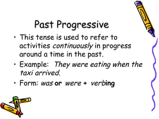 Past ProgressivePast Progressive
• This tense is used to refer to
activities continuously in progress
around a time in the past.
• Example: They were eating when the
taxi arrived.
• Form: was or were + verbing
 