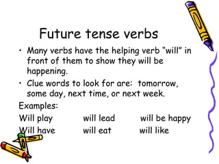 Future tense verbs
• Many verbs have the helping verb “will” in
front of them to show they will be
happening.
• Clue words to look for are: tomorrow,
some day, next time, or next week.
Examples:
Will play will lead will be happy
Will have will eat will like
 