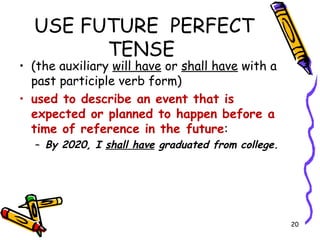 USE FUTURE PERFECT
TENSE
• (the auxiliary will have or shall have with a
past participle verb form)
• used to describe an event that is
expected or planned to happen before a
time of reference in the future:
– By 2020, I shall have graduated from college.
20
 