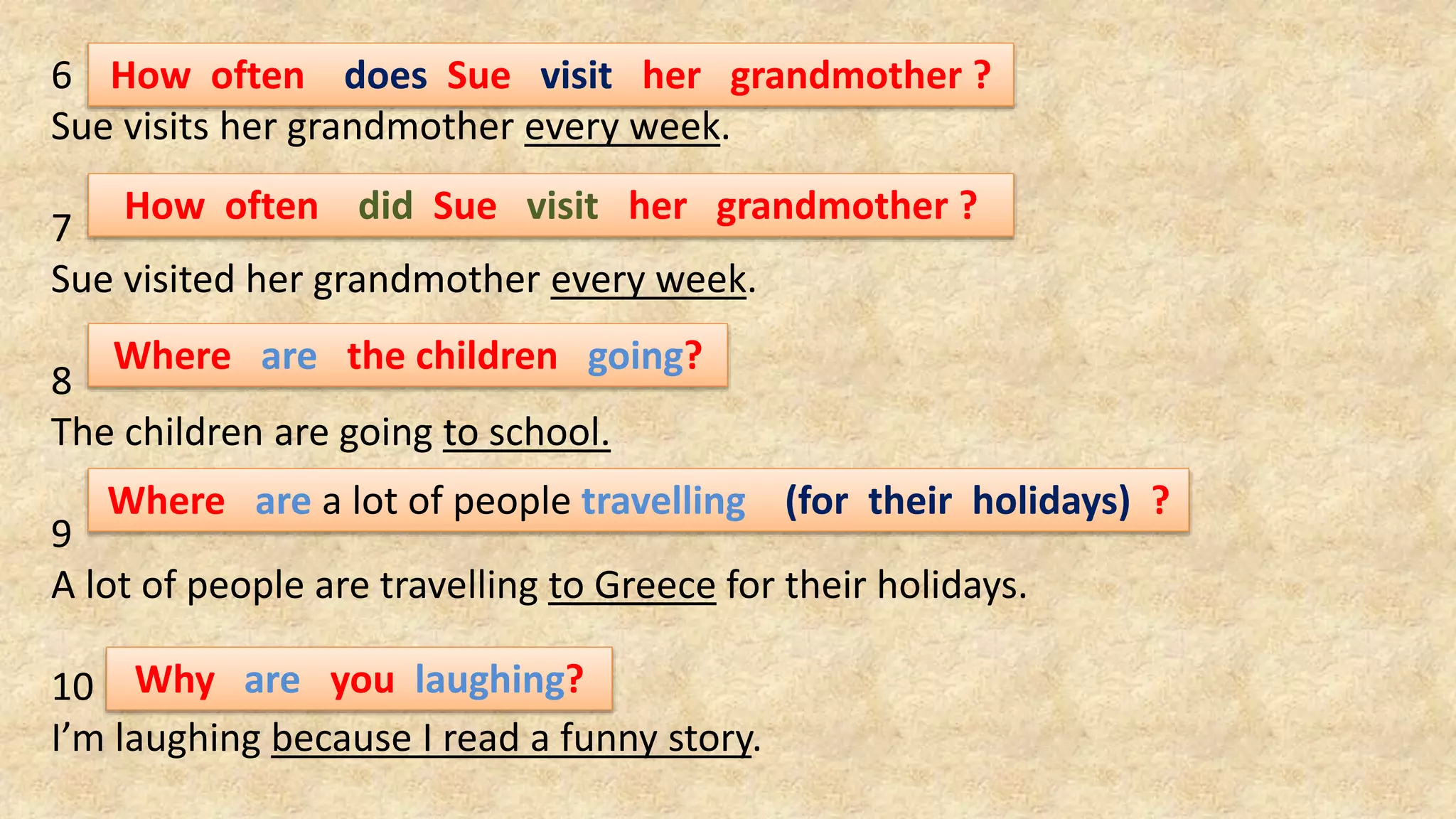 6
Sue visits her grandmother every week.
7
Sue visited her grandmother every week.
8
The children are going to school.
9
A lot of people are travelling to Greece for their holidays.
10
I’m laughing because I read a funny story.
How often does Sue visit her grandmother ?
How often did Sue visit her grandmother ?
Where are the children going?
Where are a lot of people travelling (for their holidays) ?
Why are you laughing?
 