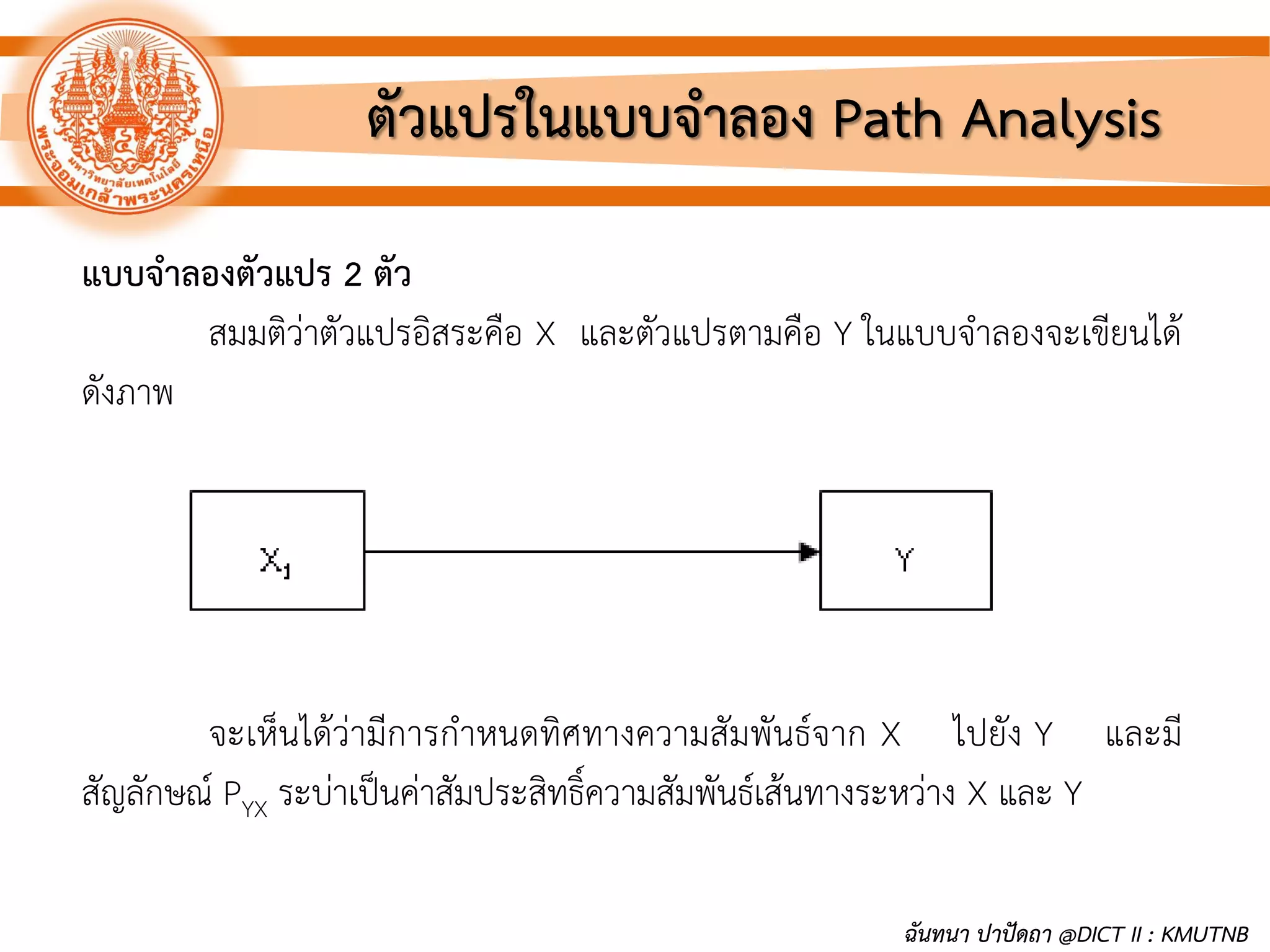 ตัวแปรในแบบจาลอง Path Analysis
แบบจาลองตัวแปร 2 ตัว
สมมติว่าตัวแปรอิสระคือ X และตัวแปรตามคือ Y ในแบบจาลองจะเขียนได้
ดังภาพ
จะเห็นได้ว่ามีการกาหนดทิศทางความสัมพันธ์จาก X ไปยัง Y และมี
สัญลักษณ์ PYX ระบ่าเป็นค่าสัมประสิทธิ์ความสัมพันธ์เส้นทางระหว่าง X และ Y
ฉันทนา ปาปัดถา @DICT II : KMUTNB
 