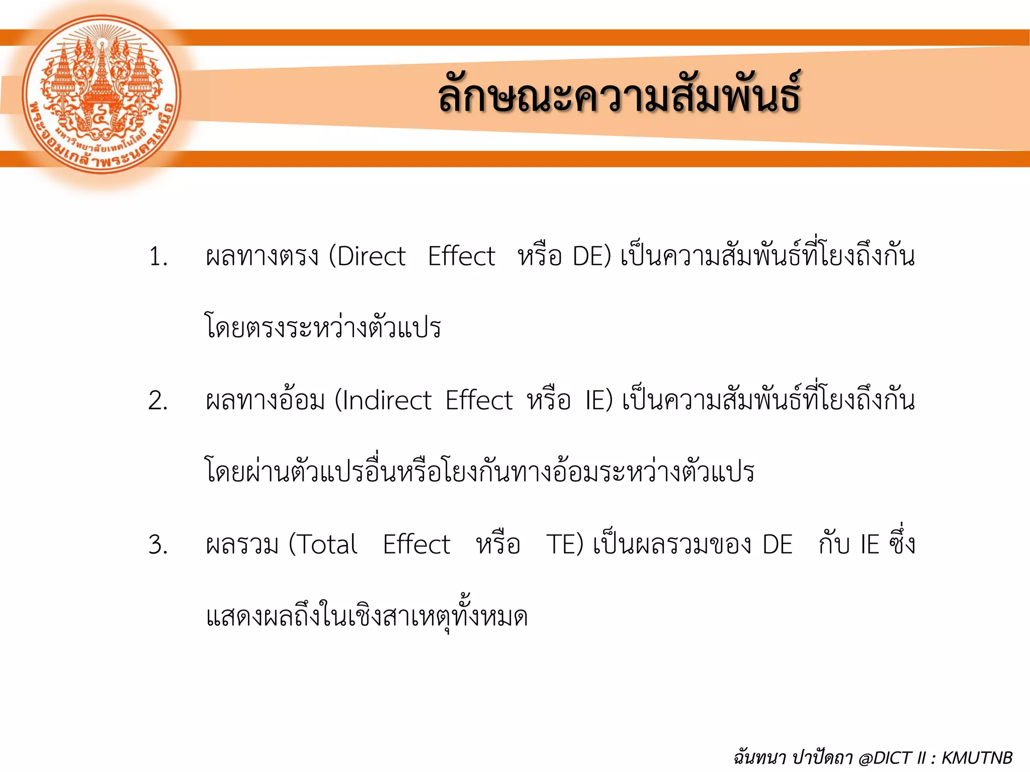 ลักษณะความสัมพันธ์
1. ผลทางตรง (Direct Effect หรือ DE) เป็นความสัมพันธ์ที่โยงถึงกัน
โดยตรงระหว่างตัวแปร
2. ผลทางอ้อม (Indirect Effect หรือ IE) เป็นความสัมพันธ์ที่โยงถึงกัน
โดยผ่านตัวแปรอื่นหรือโยงกันทางอ้อมระหว่างตัวแปร
3. ผลรวม (Total Effect หรือ TE) เป็นผลรวมของ DE กับ IE ซึ่ง
แสดงผลถึงในเชิงสาเหตุทั้งหมด
ฉันทนา ปาปัดถา @DICT II : KMUTNB
 