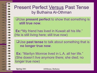 Present Perfect  Versus  Past Tense by Buthaina Al-Othman ,[object Object],[object Object],[object Object],[object Object],AlOthman, Buthaina ,[object Object],[object Object],[object Object],[object Object]