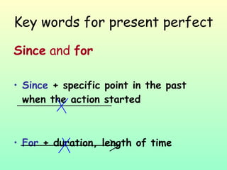 Key words for present perfect Since  and  for Since  + specific point in the past when the action started For  + duration, length of time 