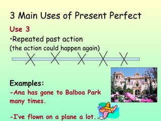 3 Main Uses of Present Perfect Use 3 Repeated past action  (the action could happen again) Examples: -Ana has gone to Balboa Park  many times. -I’ve flown on a plane a lot.  