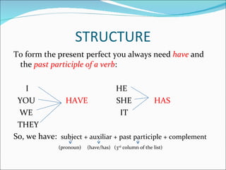 STRUCTURE To form the present perfect you always need  have  and the  past participle of a verb : I  HE YOU  HAVE  SHE  HAS WE  IT THEY So, we have:  subject + auxiliar + past participle + complement (pronoun)  (have/has)  (3 rd  column of the list) 