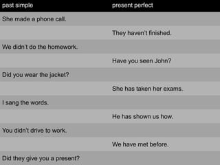 past simple present perfect
She made a phone call.
They haven’t finished.
We didn’t do the homework.
Have you seen John?
D...